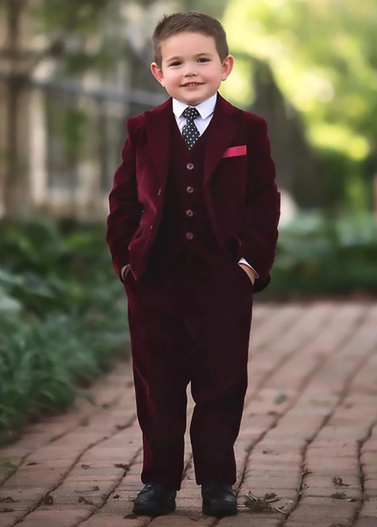 BOYS BARCLAY SUIT BURGUNDY VELVET 3PC SET 3 BOYS BARCLAY SUIT BURGUNDY VELVET 3PC SET