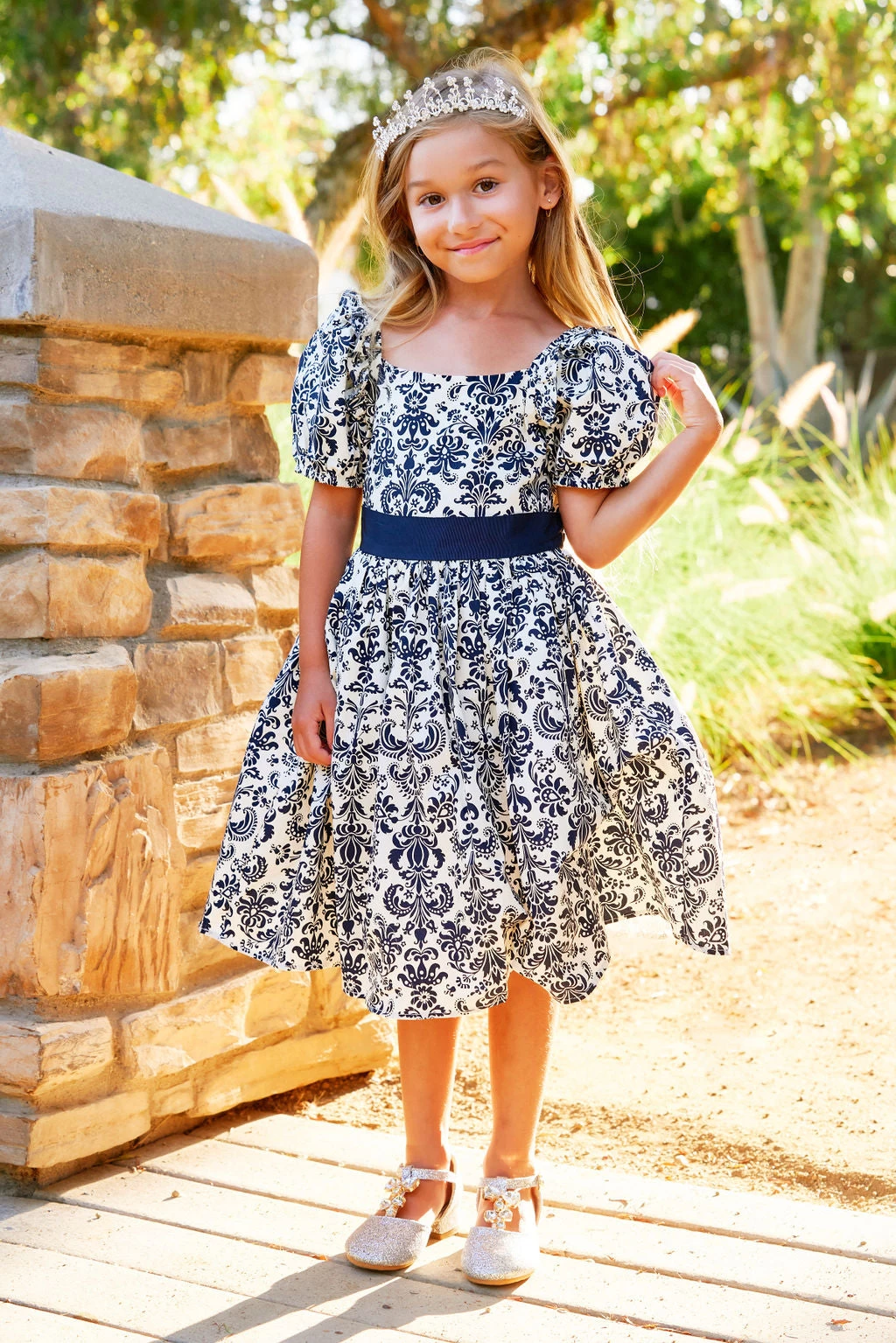 ARIELLE DRESS NAVY DAMASK 6 ARIELLE DRESS NAVY DAMASK - Image 4